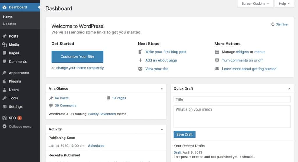 WordPress dashboard