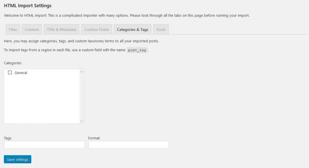 html to wordpress import categories and tags