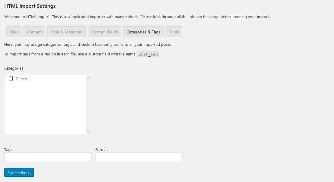 html to wordpress import categories and tags