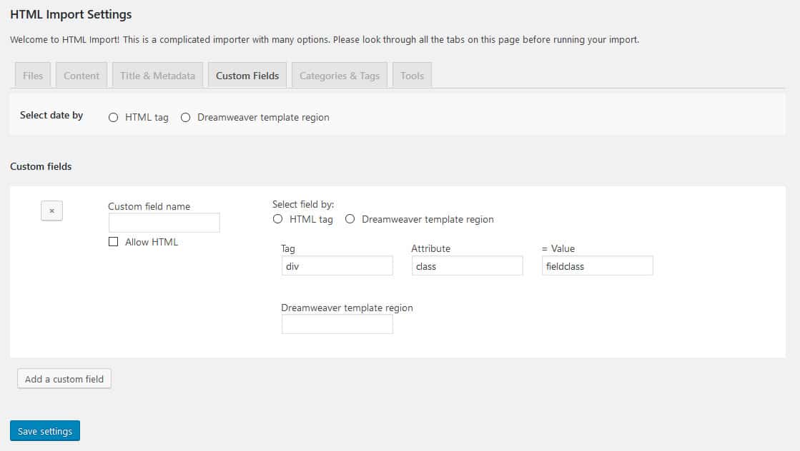 html to wordpress import custom fields