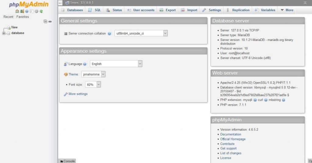 phpmyadmin hovedpanel 