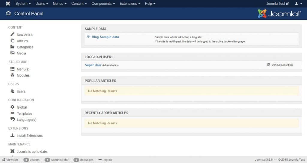 joomla dashboard