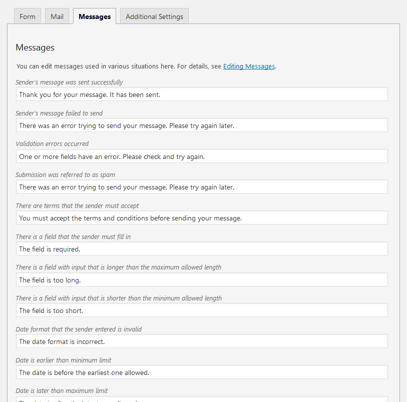 configure form messages for contact form 7