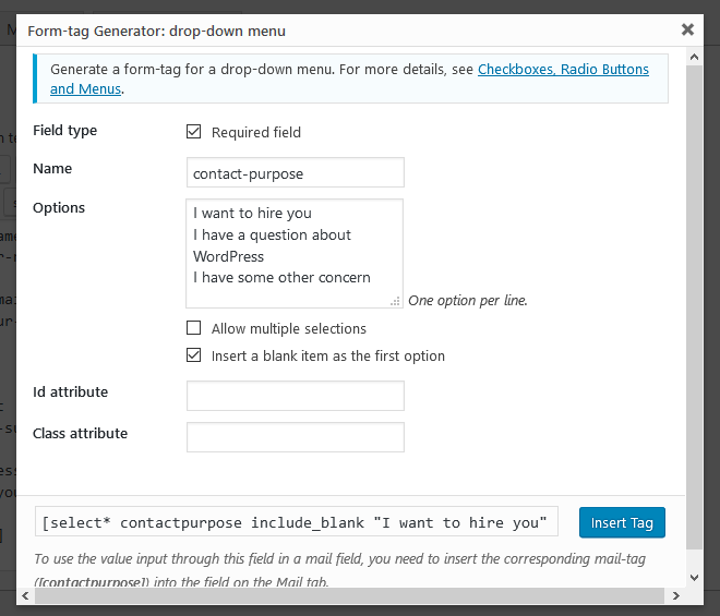 filled in form tag generator contact form 7