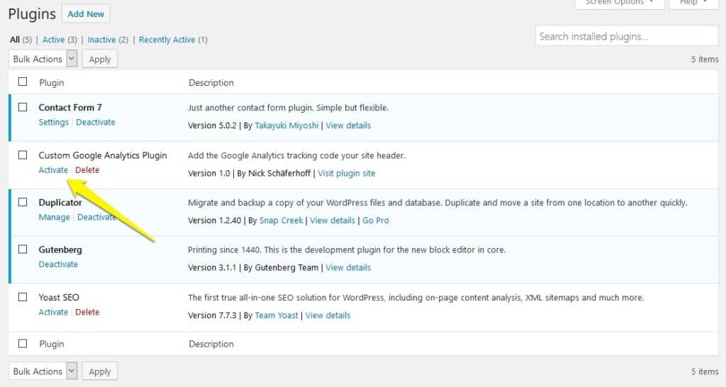 Activate Custom WordPress plugin for Google Analytics tracking code