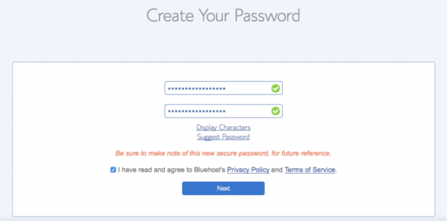 Bluehost Create Password