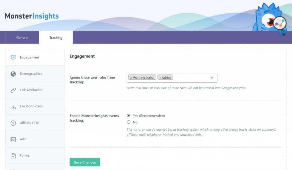 MonsterInsights tracking settings