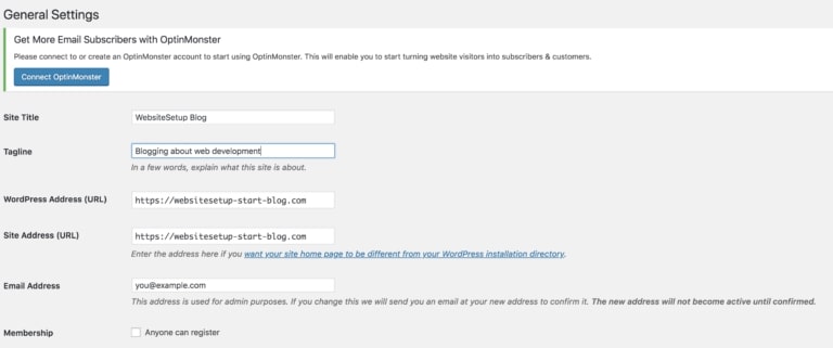 WordPress General settings