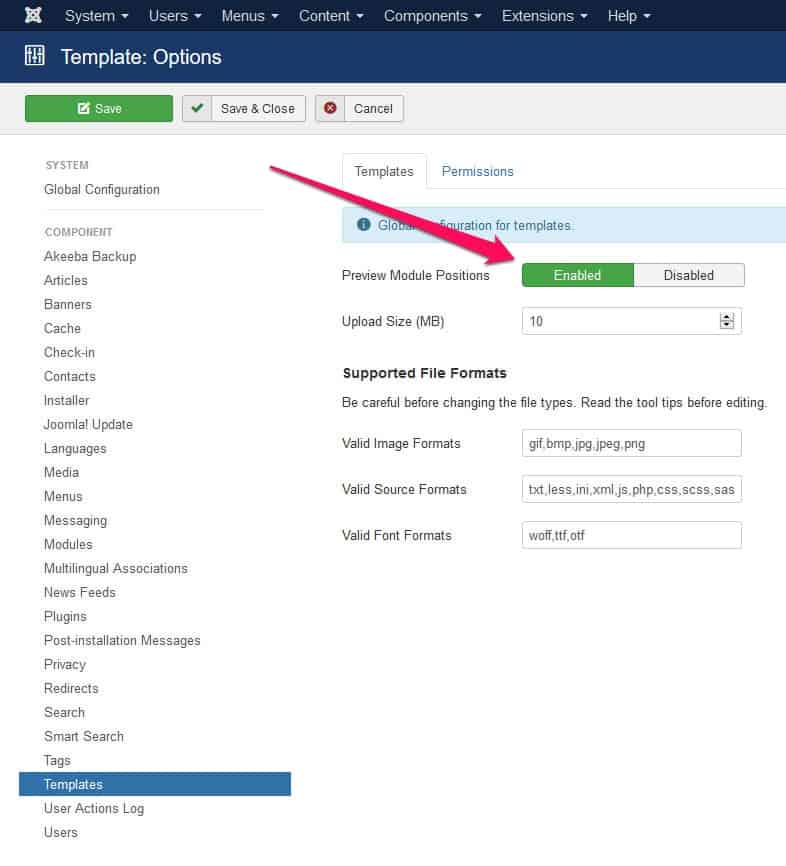 enable joomla module position preview