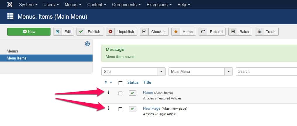 joomla change menu item order