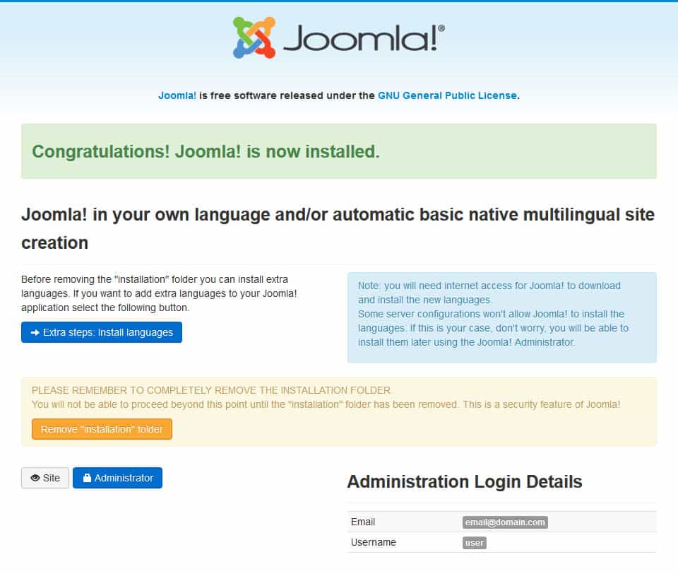 joomla installation successful