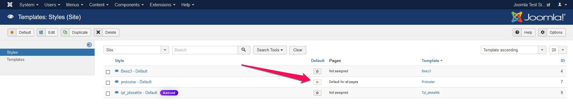 set joomla template as default
