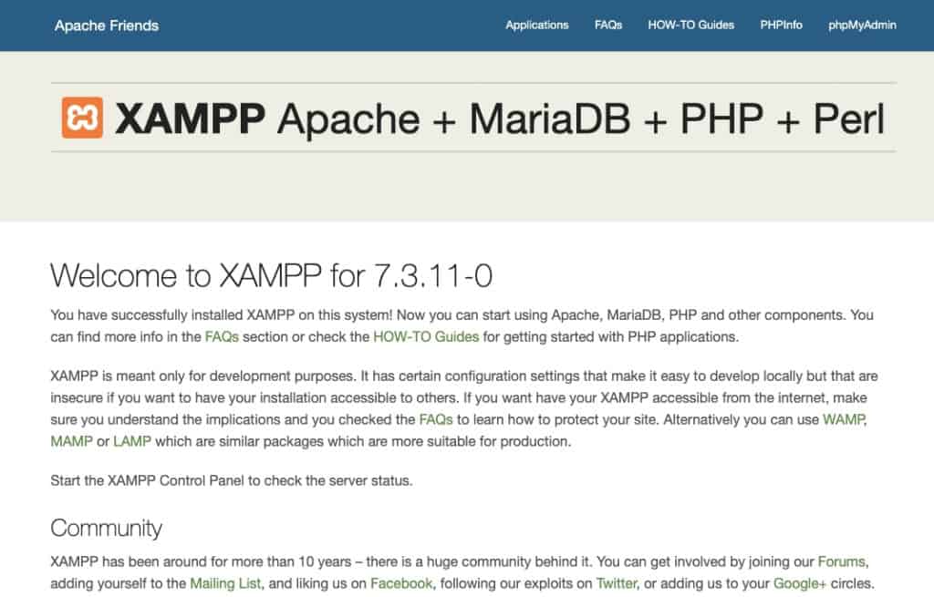 Page de bienvenue de XAMPP