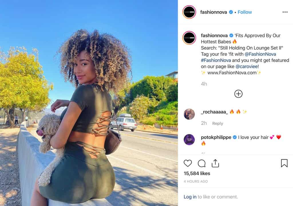 FashionNova knows how to capitalize on Influencer marketing and UGC on Instagram and sneak in a call-to-action.