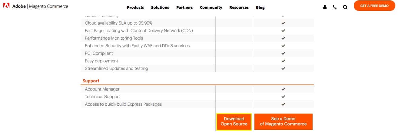 Magento products feature comparison chart. 