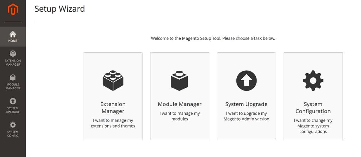 Magento setup wizard options.