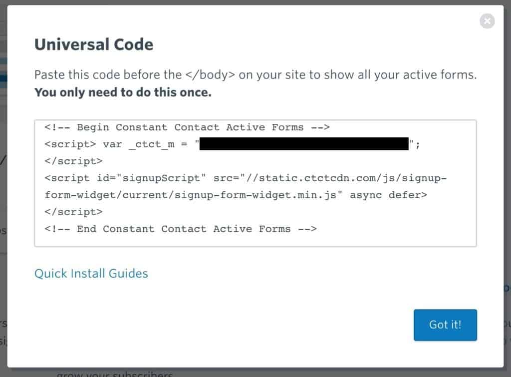 Constant Contact universal code