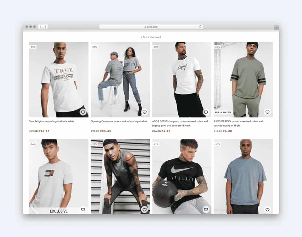Situs-situs e-commerce seperti Asos mendukung tata letak berbasis kartu untuk menampilkan daftar produk.