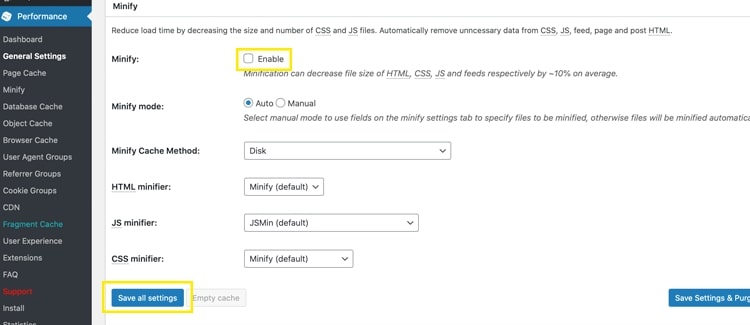 General settings page