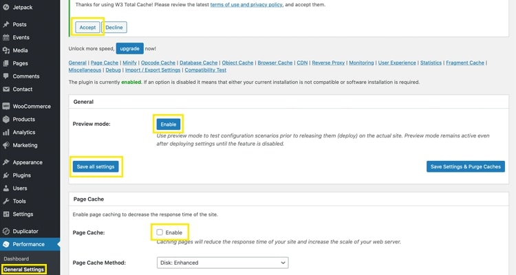 Settings page before WordPress optimization has started