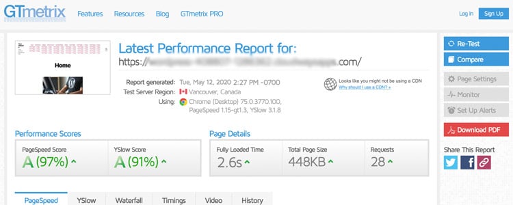 GTmetrix site speed test tool example result before WordPress optimization