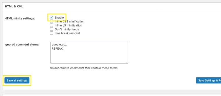 Minify settings page