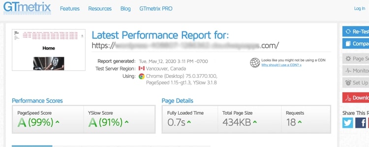 New GTmetrix site speed test tool example result after WordPress optimization strategies were applied
