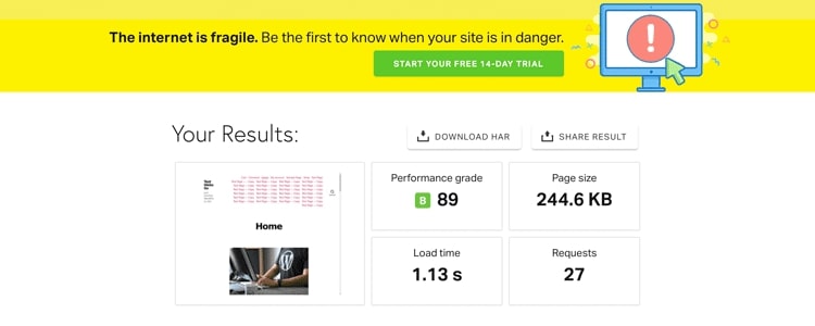 Example site speed test results for benchmarking site speed