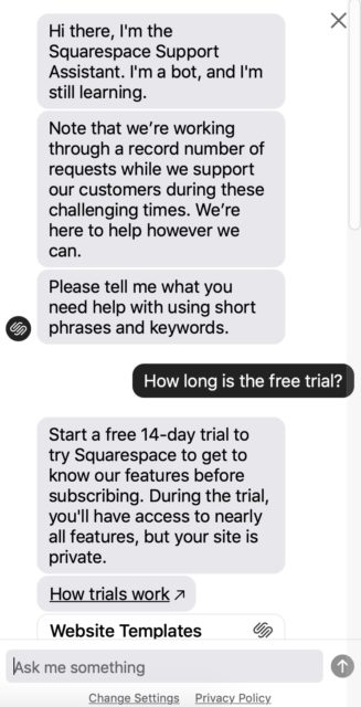 SquareSpace live chat support example