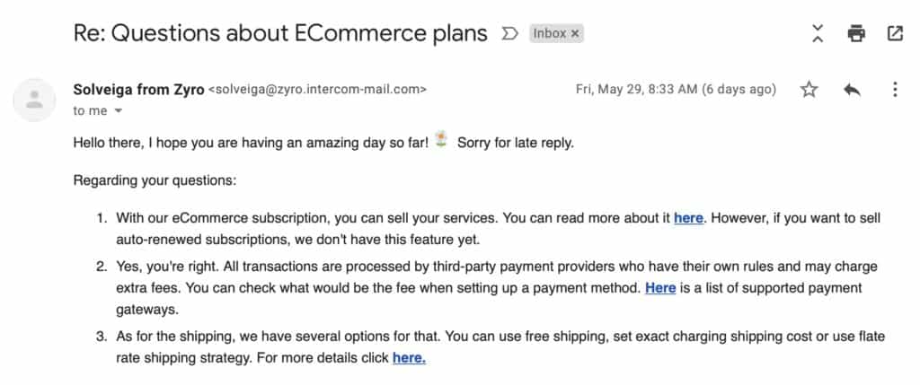 Zyro email support example