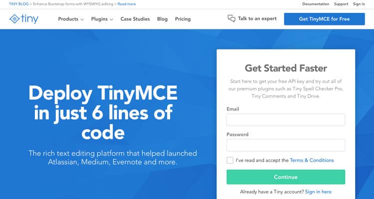 Bir HTML WYSIWYG editörü olan TinyMCE Editor için web sitesi.