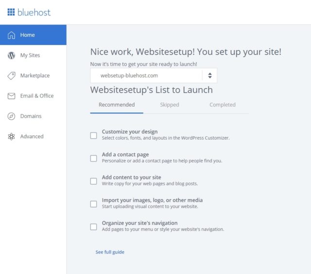 Bluehost next steps
