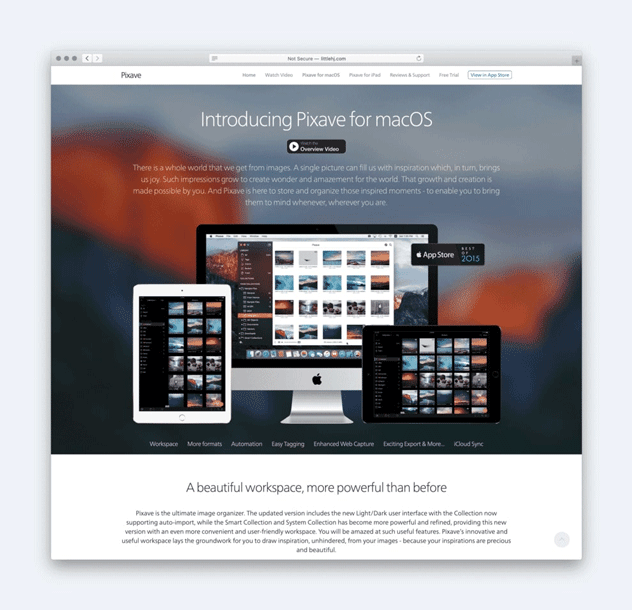 Pixave for MacOS takes the hero layout even further by having it dominate its homepage design.