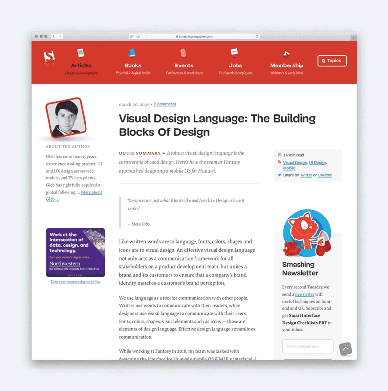 Smashing Magazine uses its side columns to provide secondary information about the post.