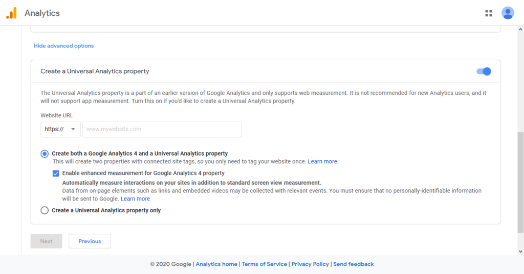 create universal analytics property during setup