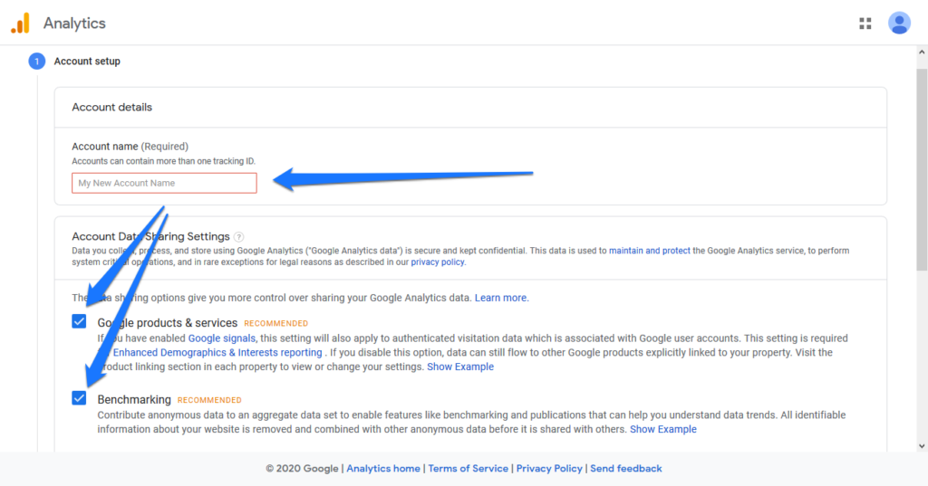 enter google analytics account name and configure data sharing