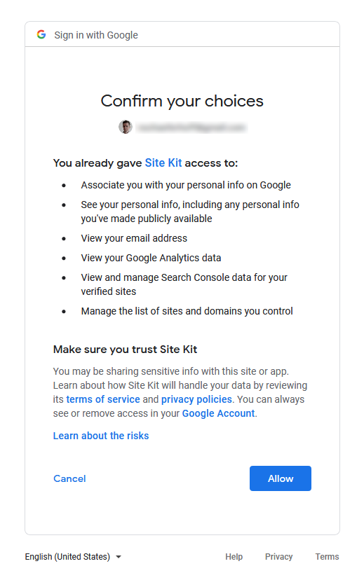 give permission to allow site kit to add google analytics to wordpress