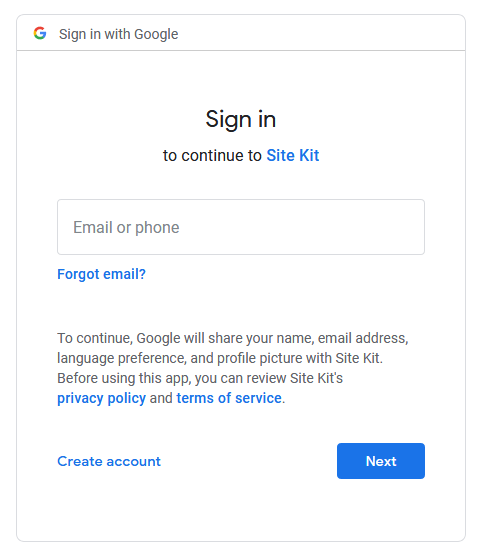 log into google for site kit setup