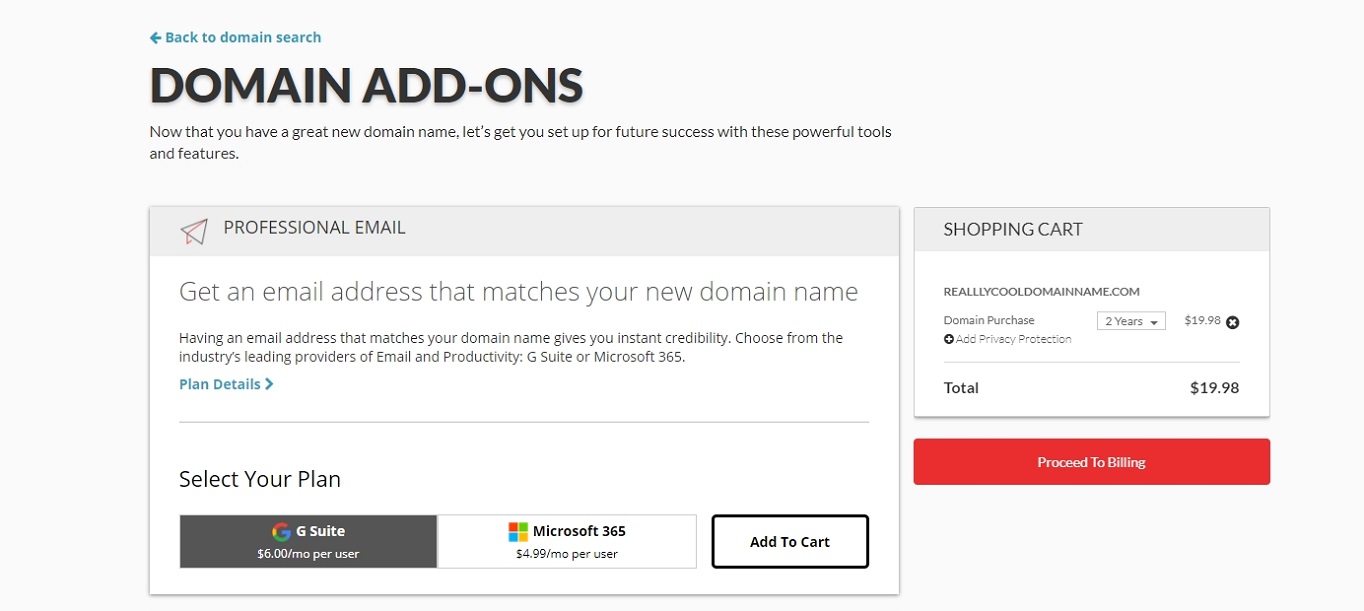 Domain.com add-ons selection