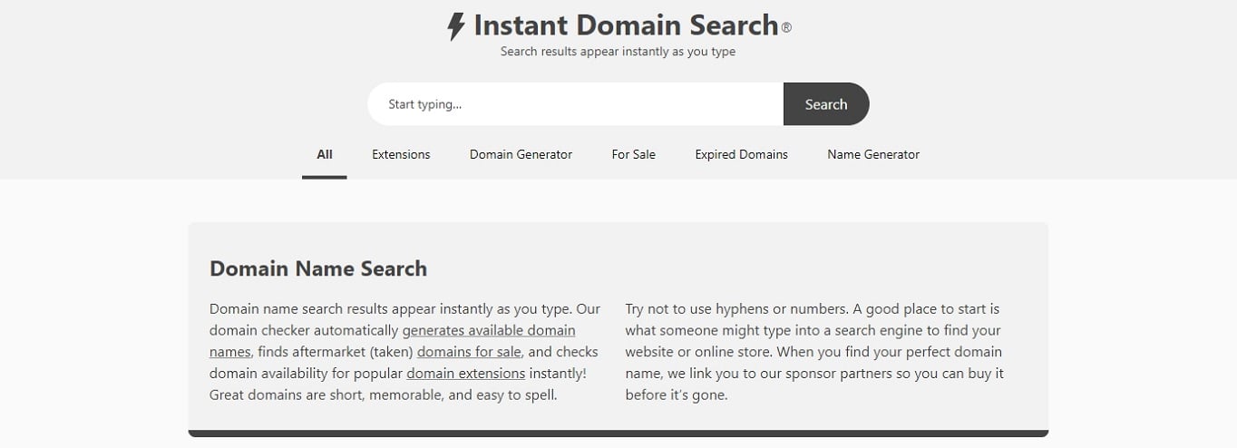 Generador de nombres de dominio de InstantDomainSearch