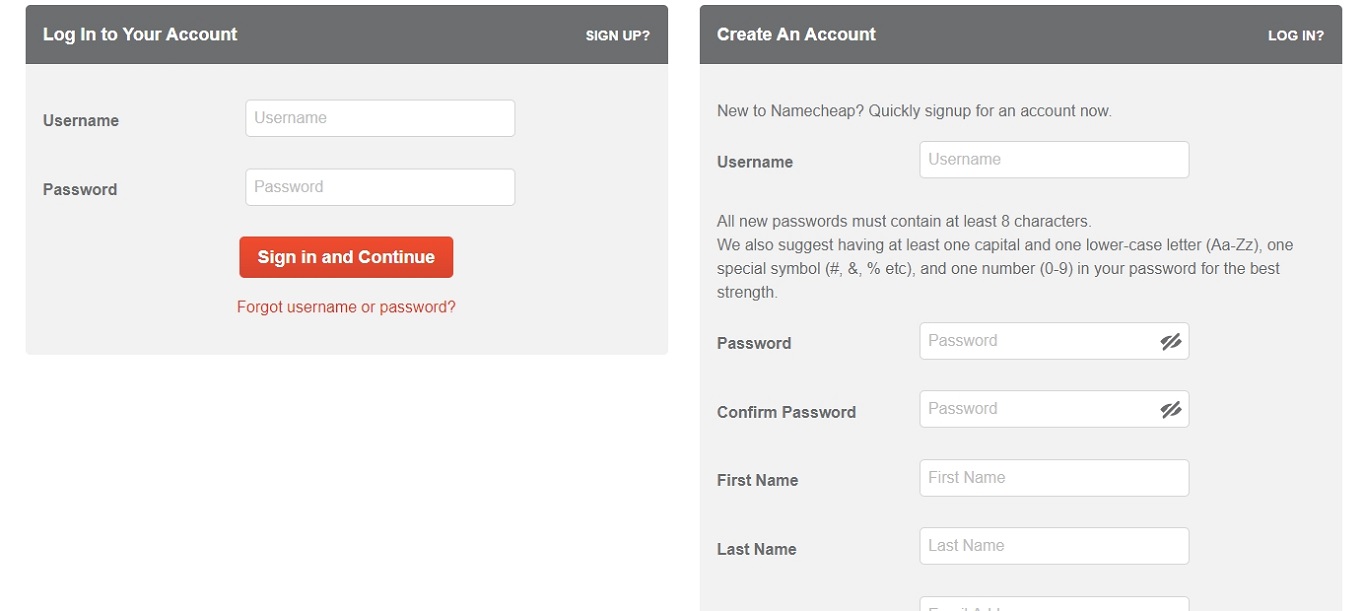 NameCheap account creation at checkout