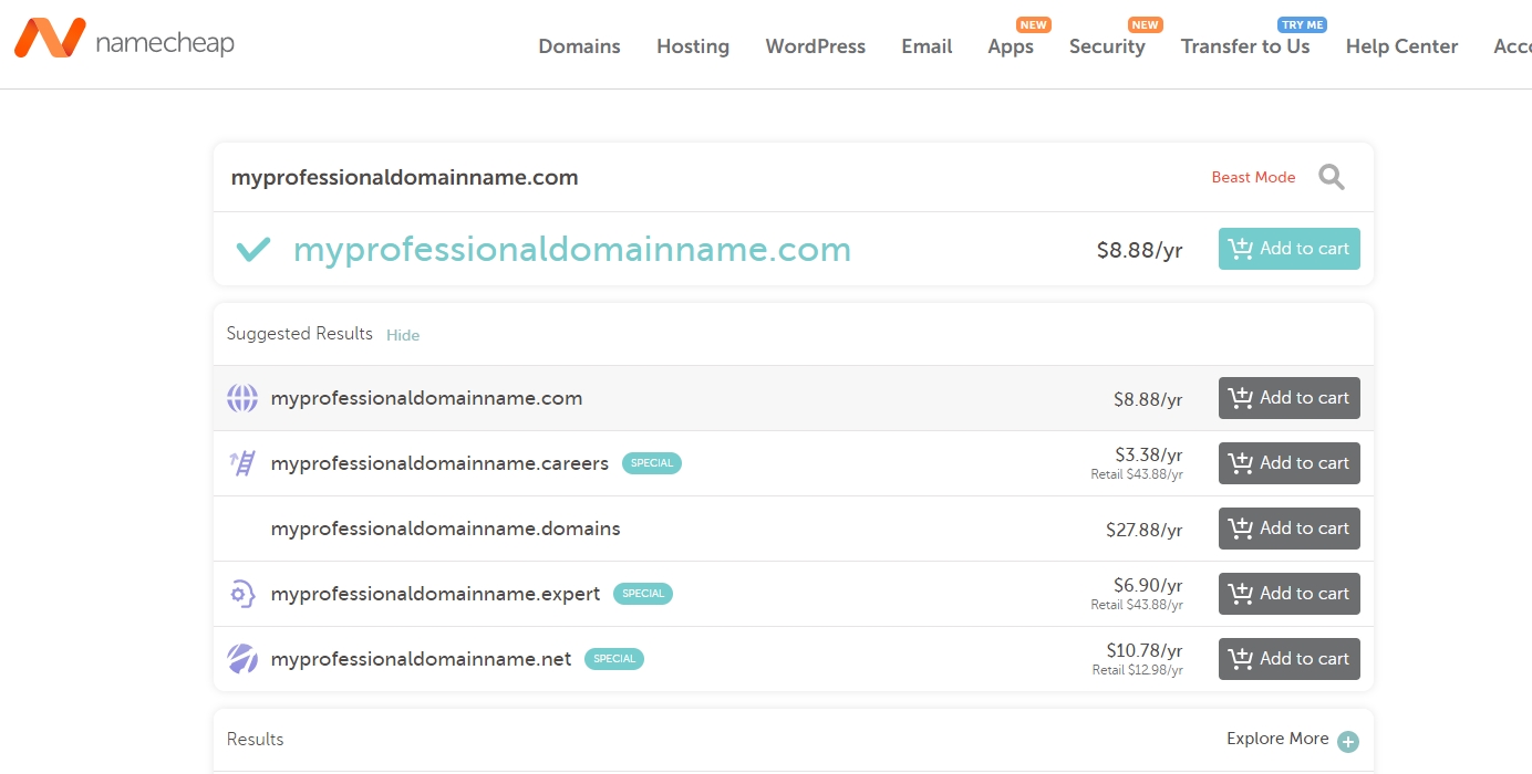 NameCheap domain search