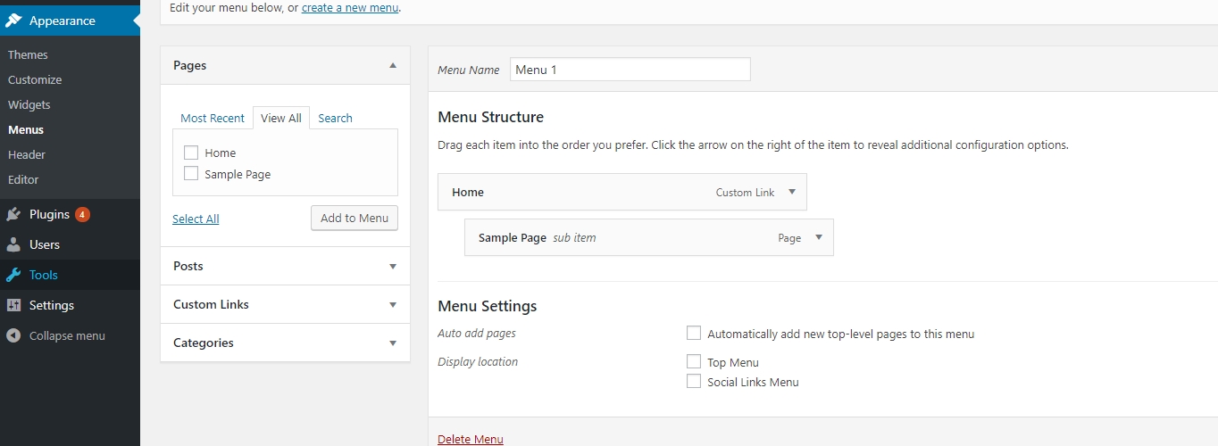 WordPress hvordan man opretter en menu