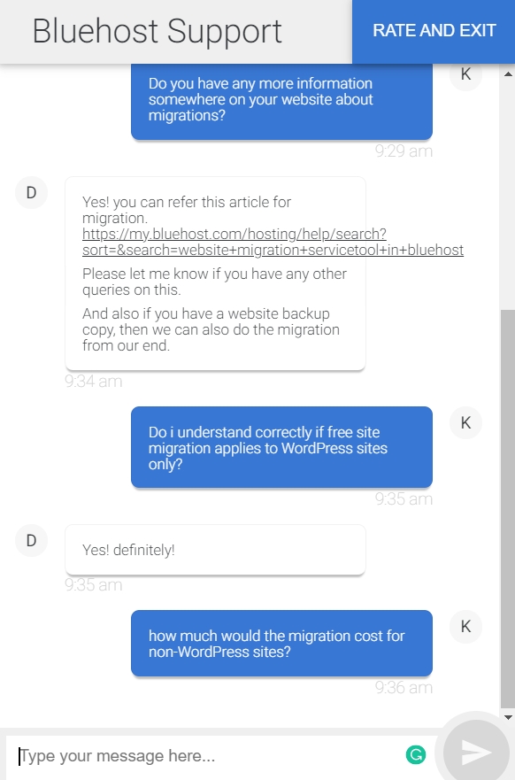 Bluehost support live chat example