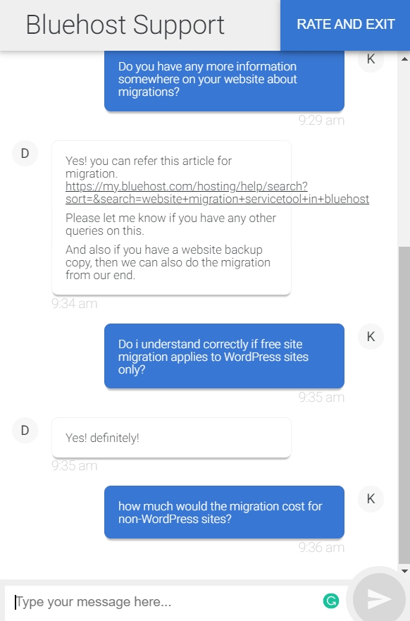 Bluehost Customer Support live chat example