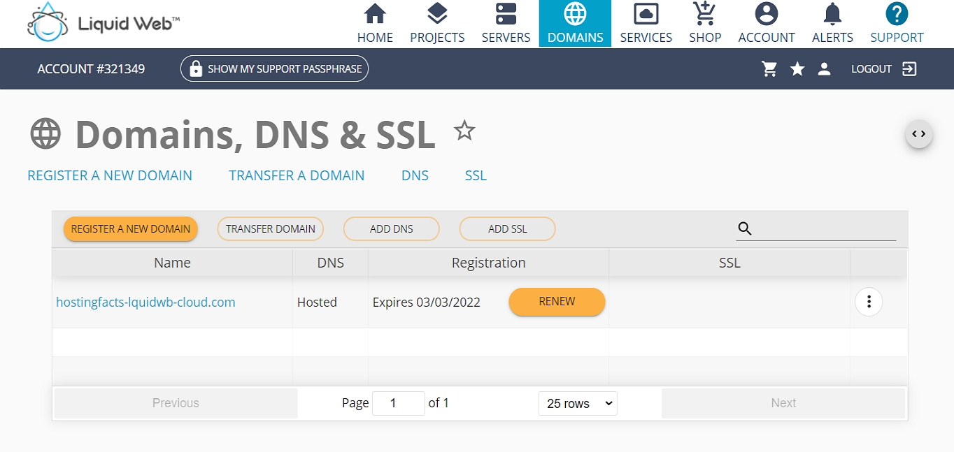 Liquid Web dashboard