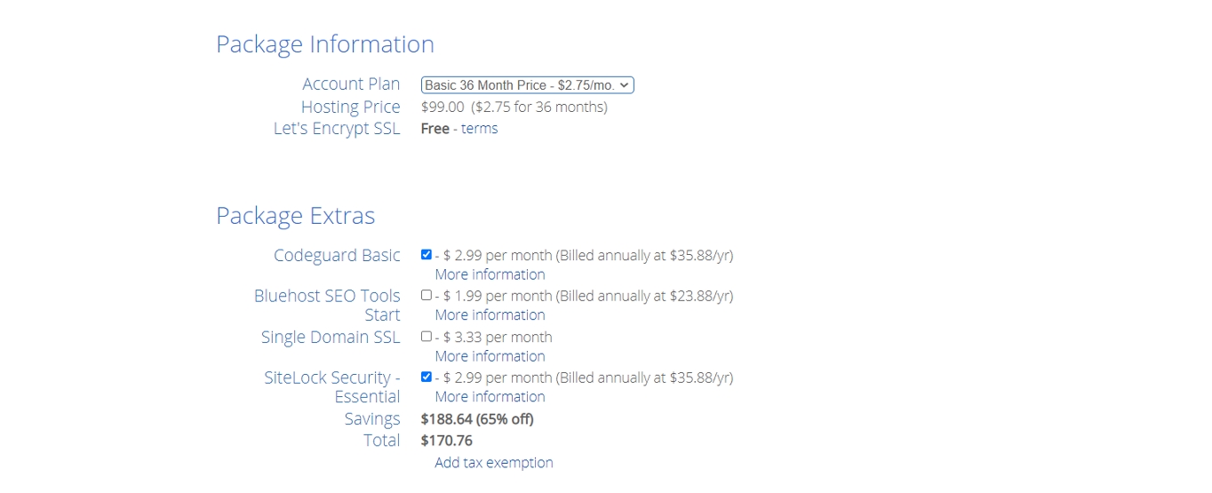 Informazioni sul pacchetto Bluehost 