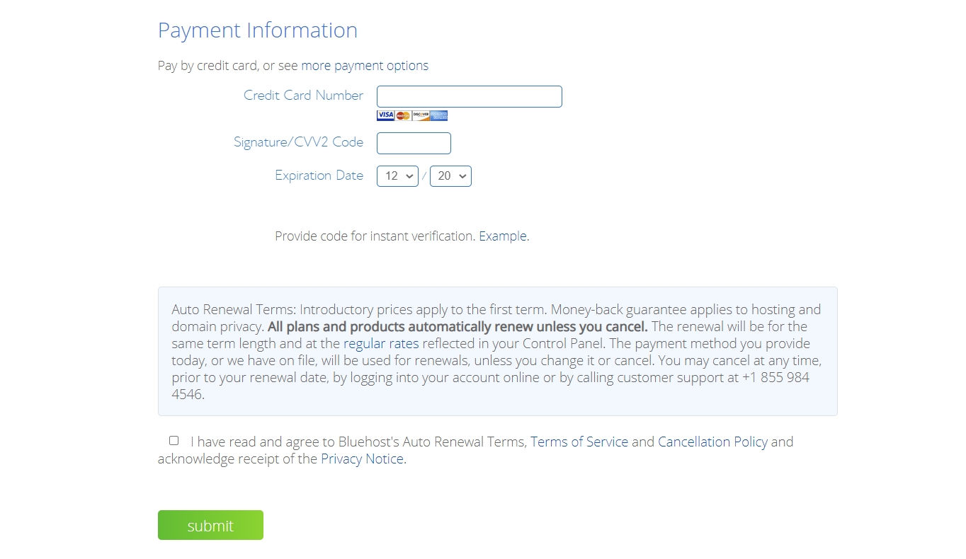 Bluehost payment information
