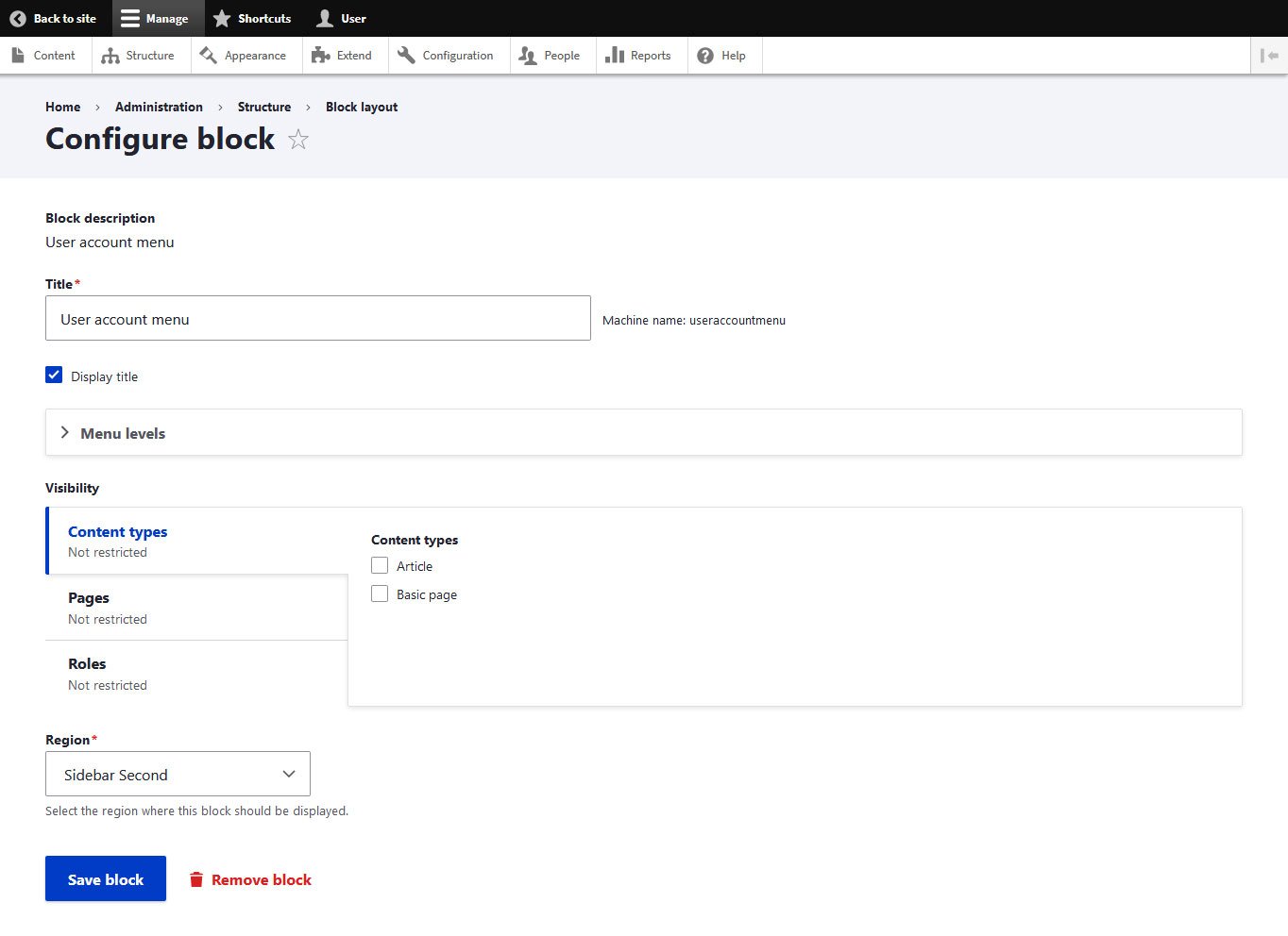 configure drupal block menu accessed from front end