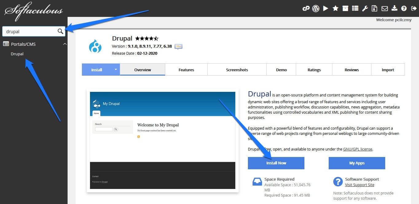 drupal installation option in bluehost